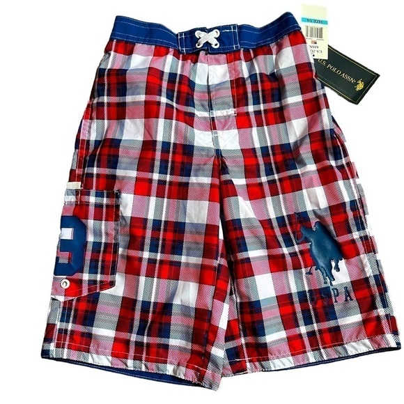Polo boys swim trunks red plaid size 5/6 NWT - Picture 2 of 5